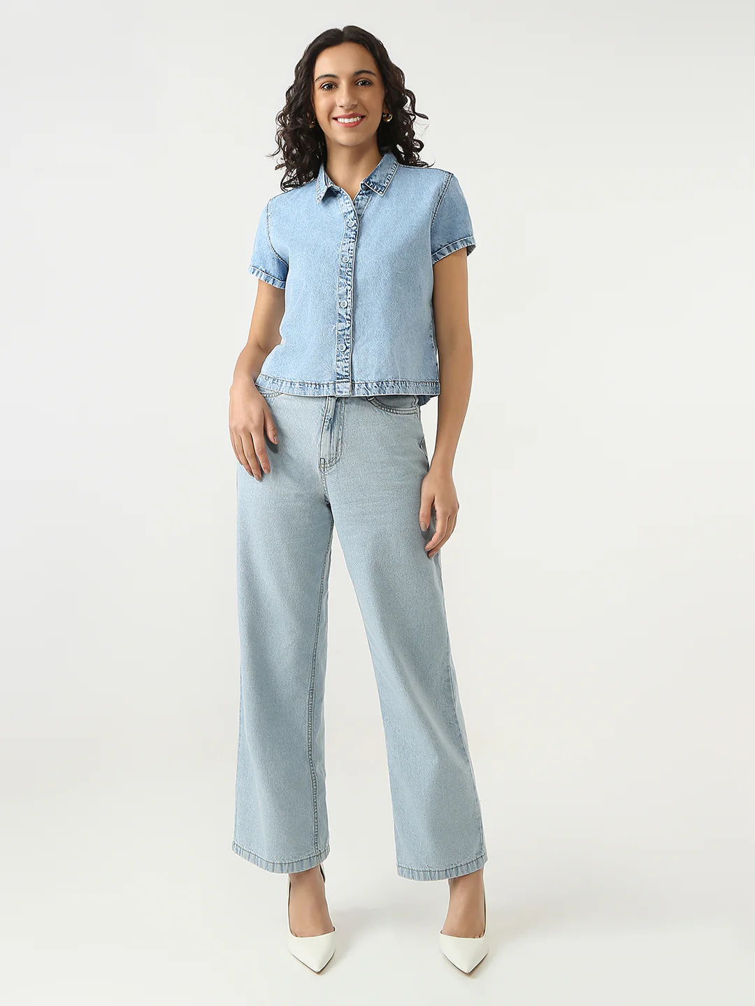 Women Light Blue Crop Denim Shirt - Image 4