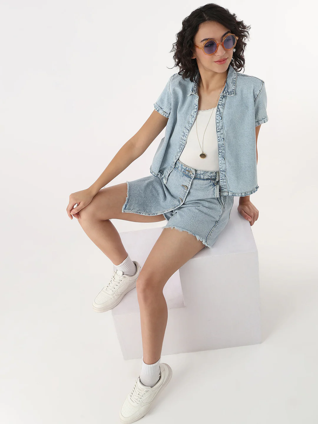 Women Light Blue Crop Denim Shirt