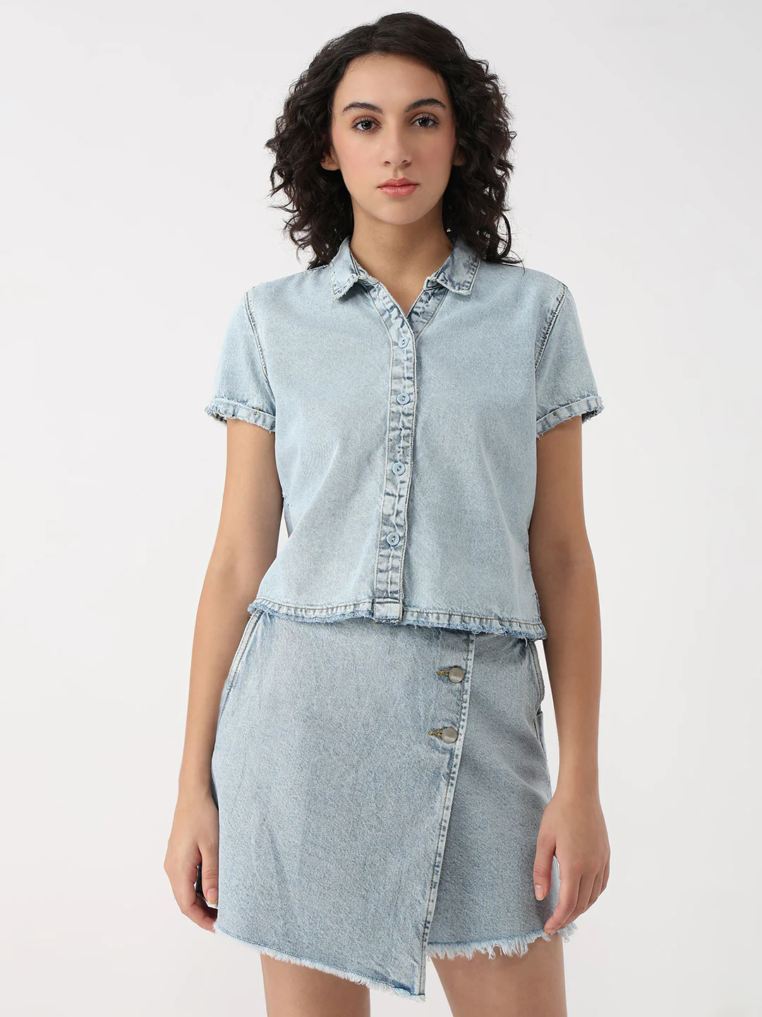 Women Light Blue Crop Denim Shirt - Image 2