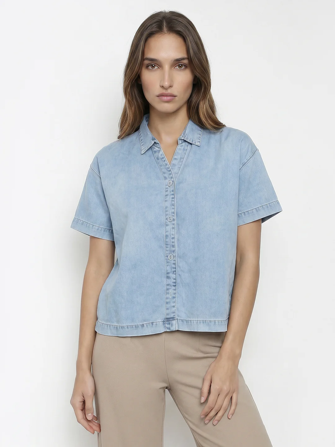 Women Light Blue Crop Shirt - Image 2