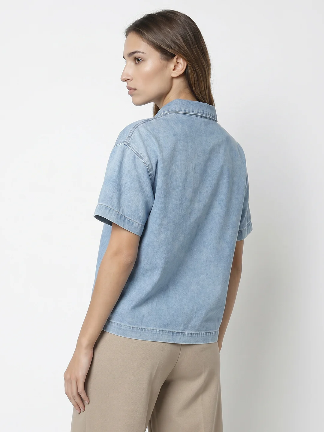 Women Light Blue Crop Shirt - Image 3
