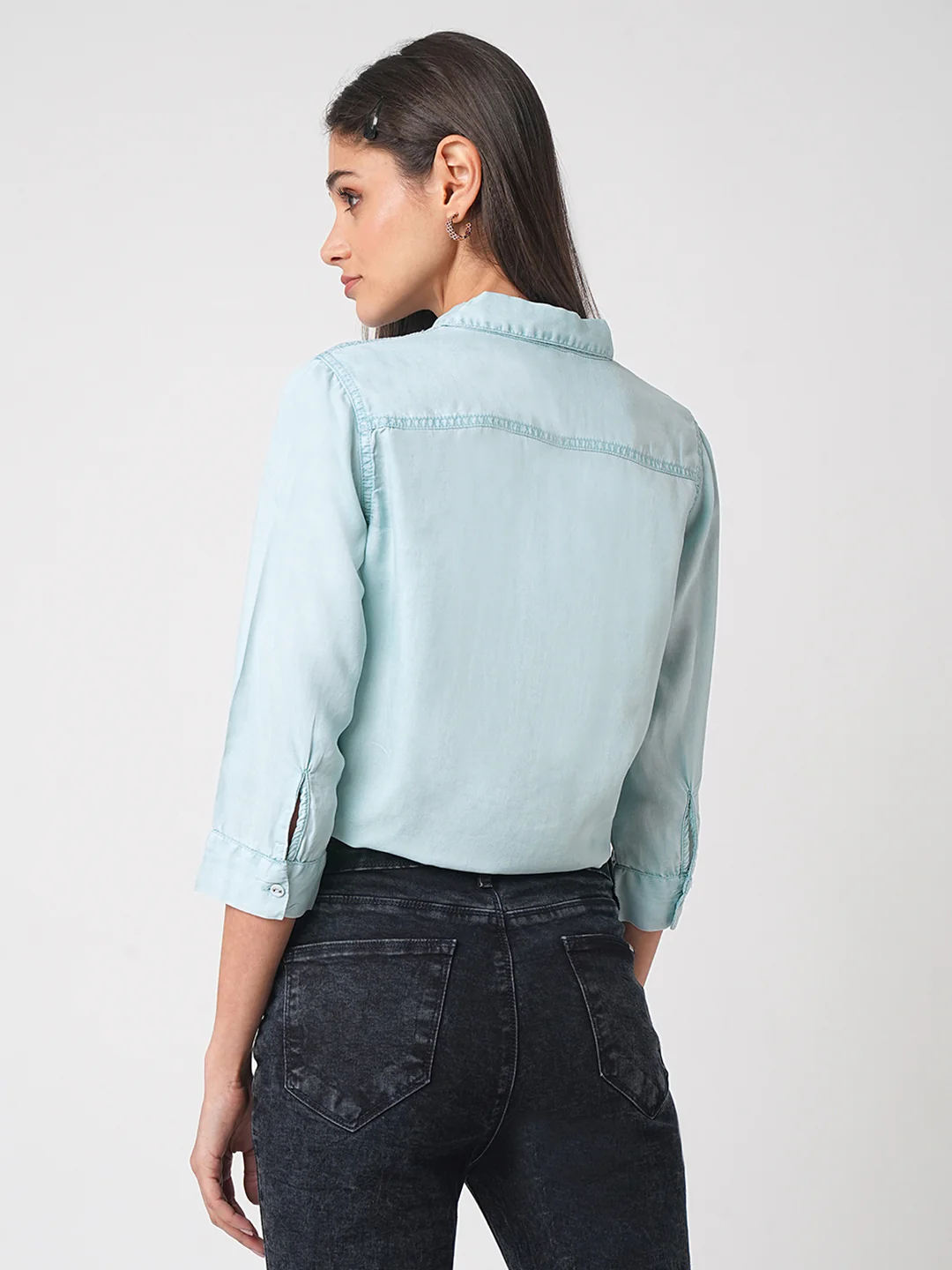 Women Light Blue Crop Shirt - Image 3
