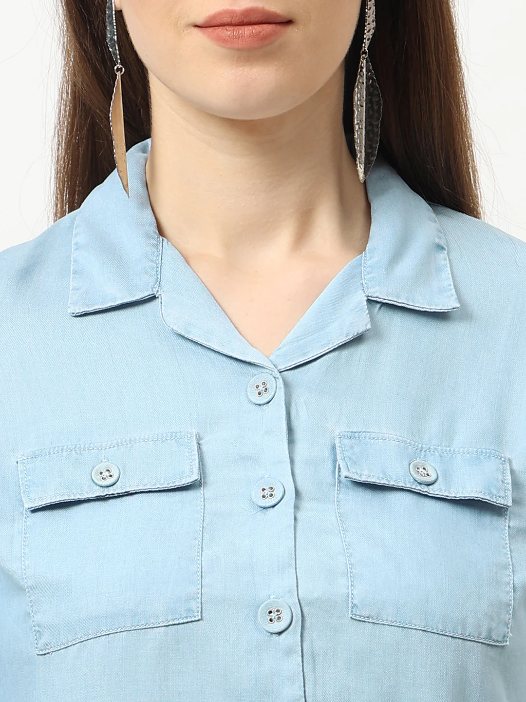 Women Light Blue Crop Shirt - Image 2