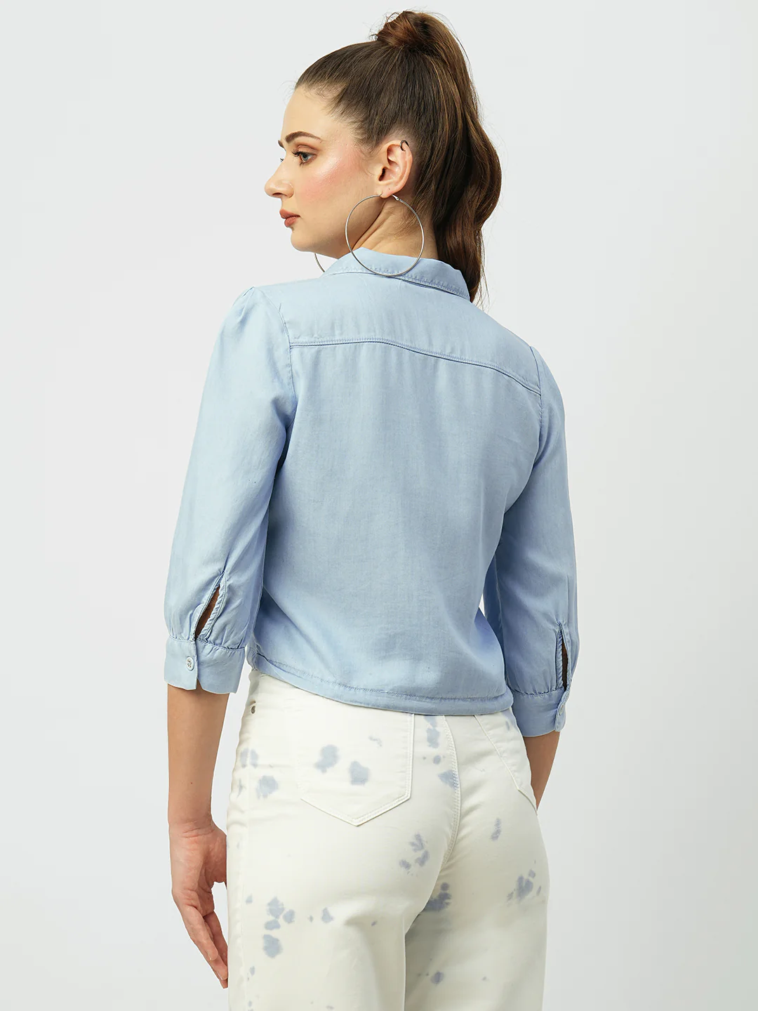 Women Light Blue Crop Shirt - Image 3