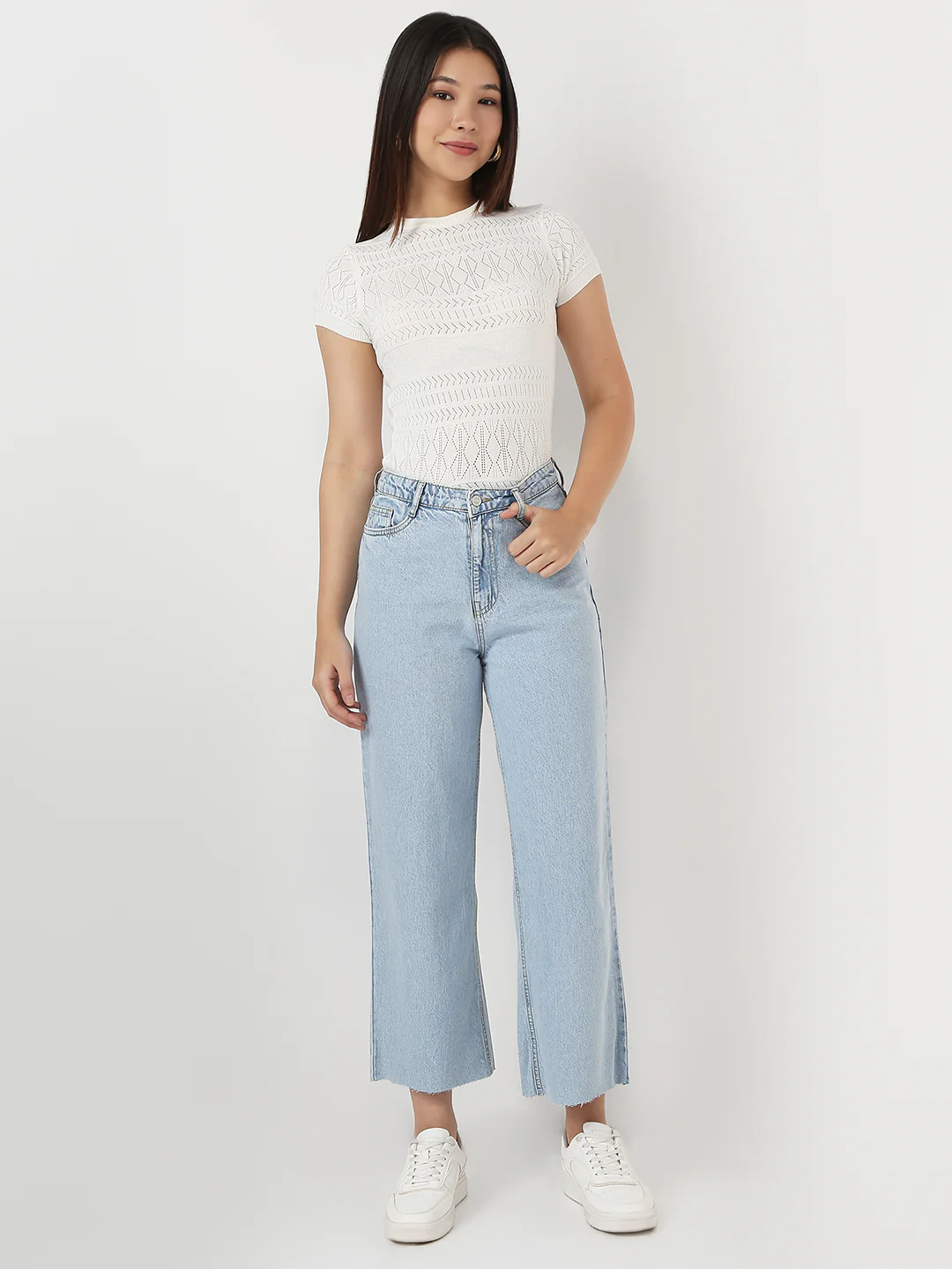 Women Light Blue Crop Wide Leg Jeans - Image 2