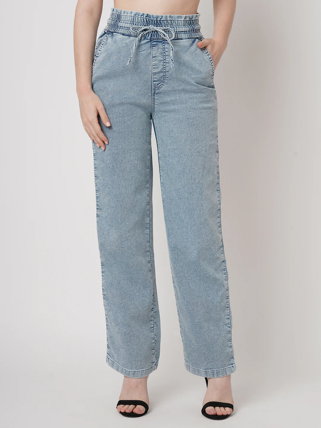 Women Light Blue Denim Joggers - Image 2
