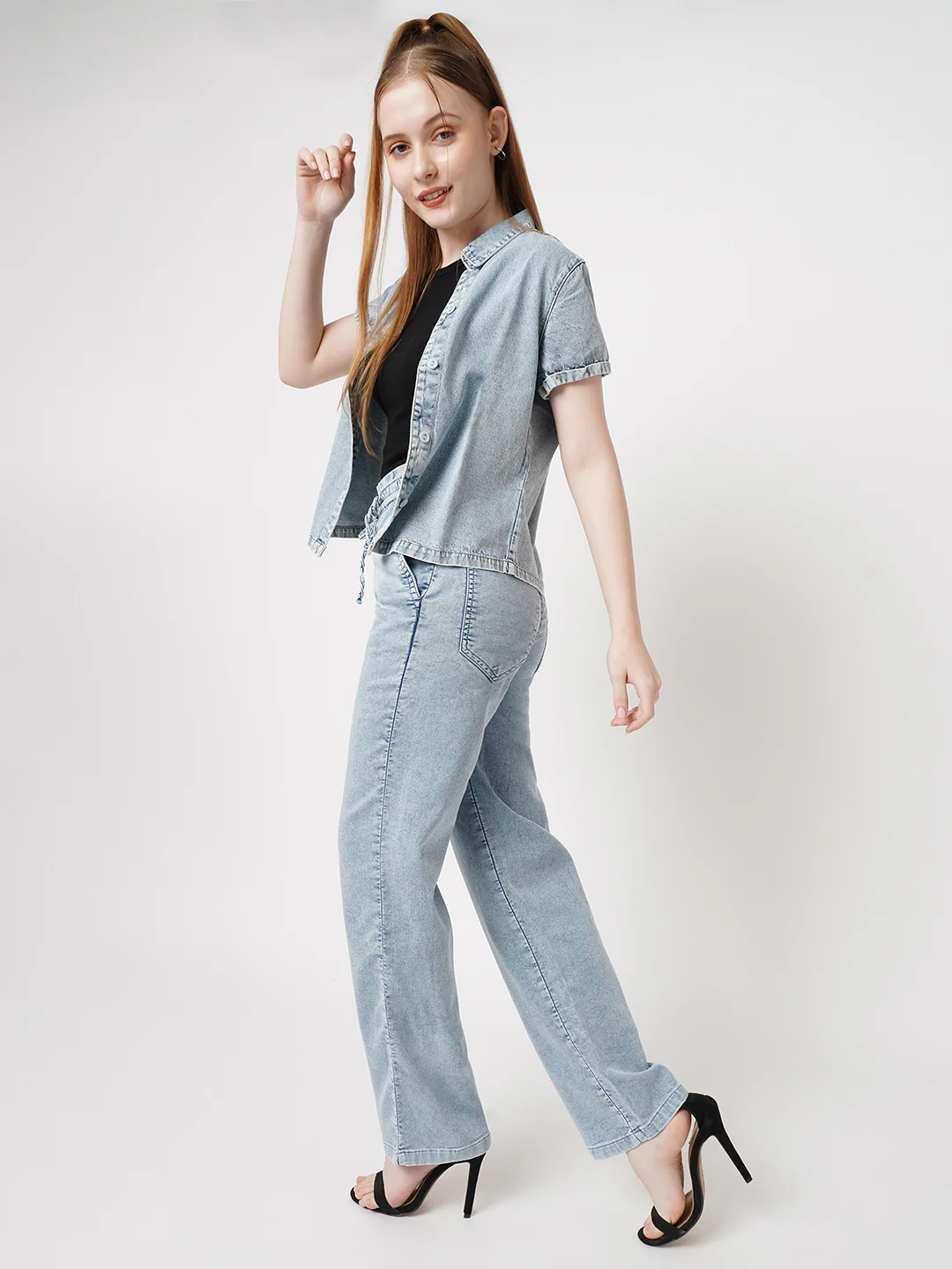Women Light Blue Denim Joggers - Image 4