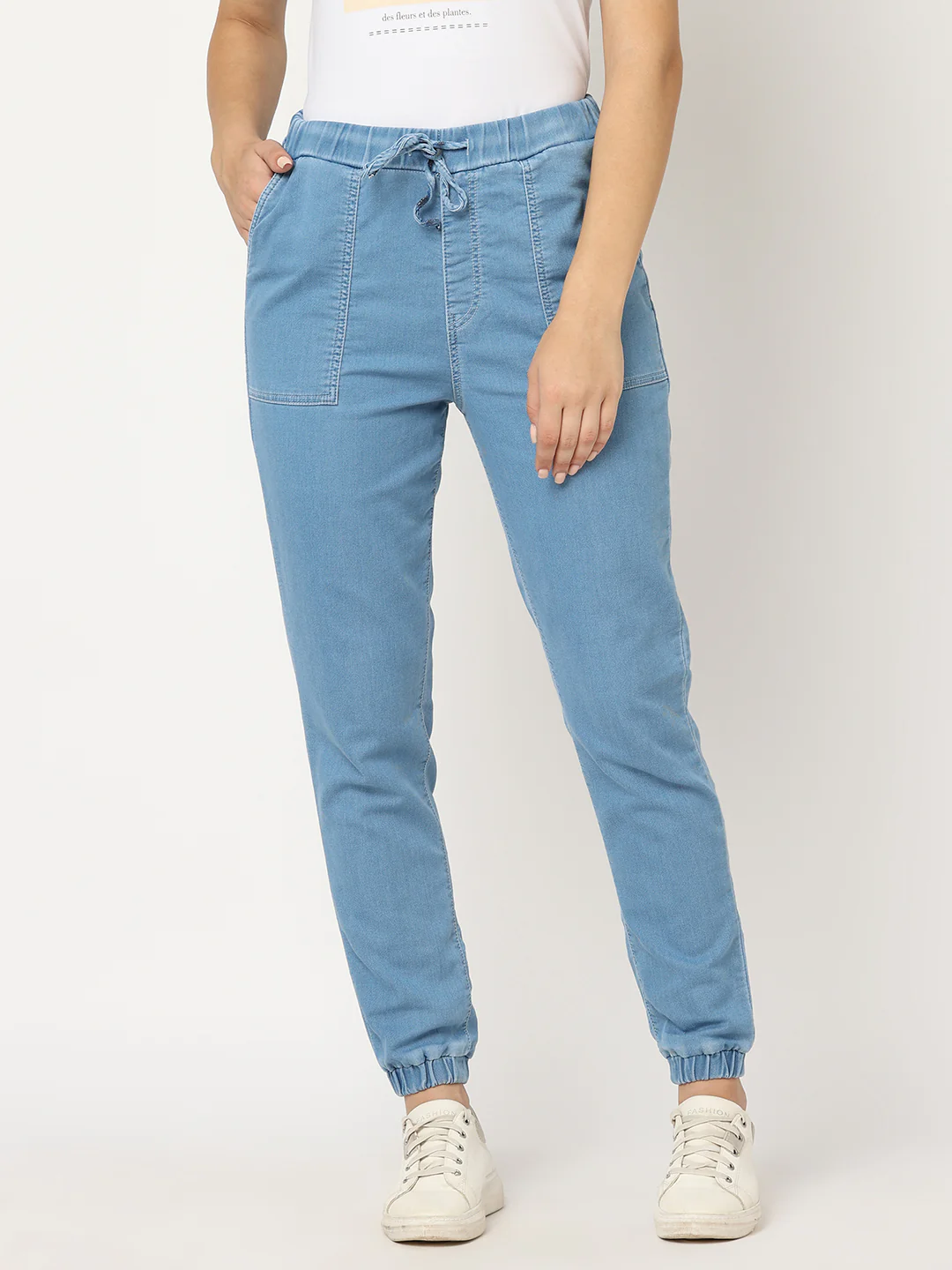 Women Light Blue Denim Joggers - Image 2