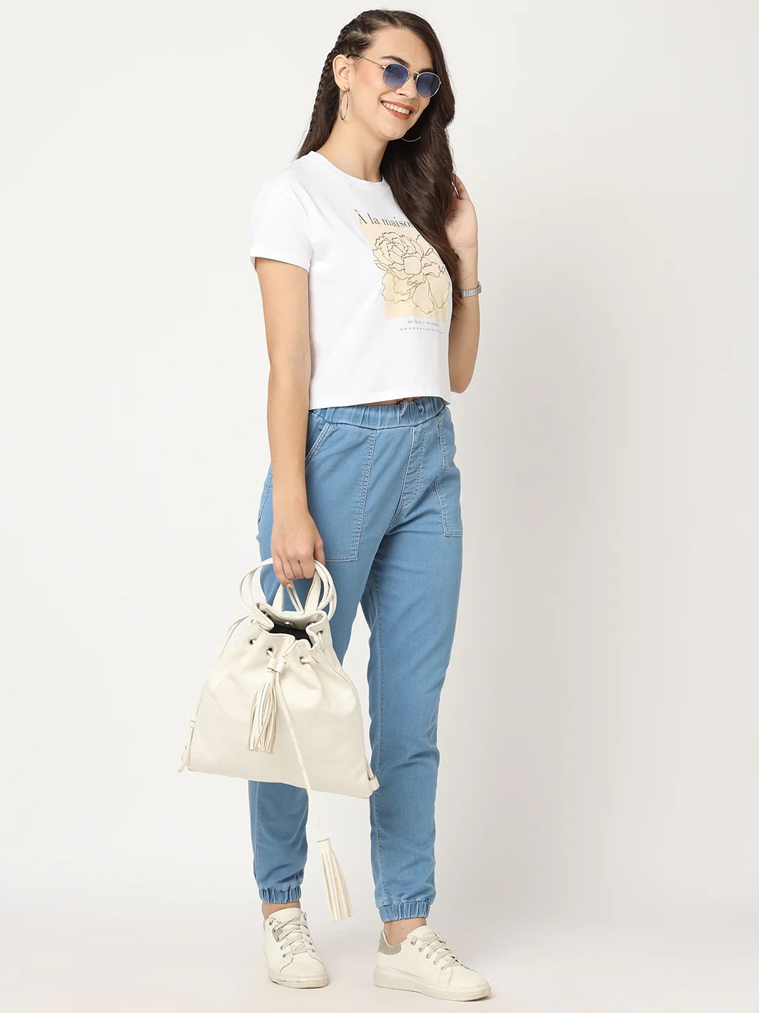 Women Light Blue Denim Joggers - Image 4