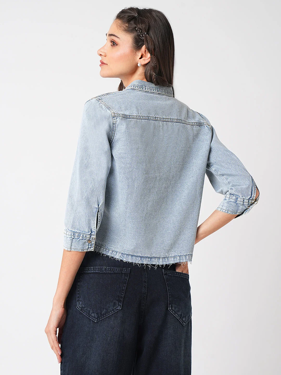 Women Light Blue Denim Shirt - Image 3