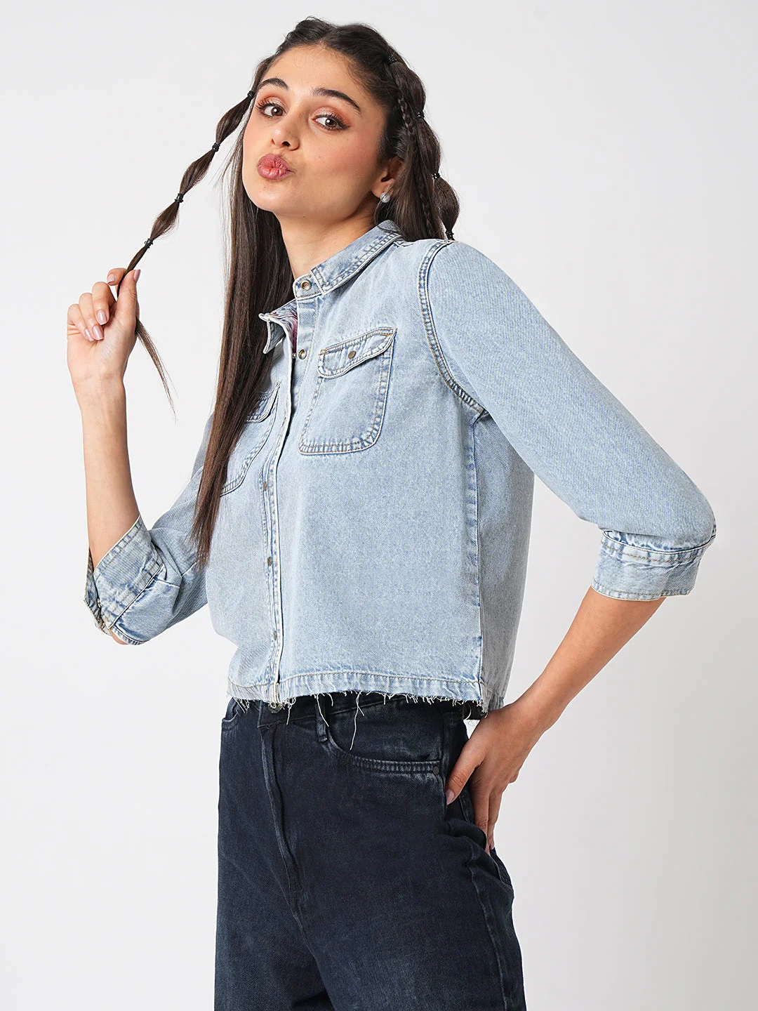 Women Light Blue Denim Shirt - Image 6