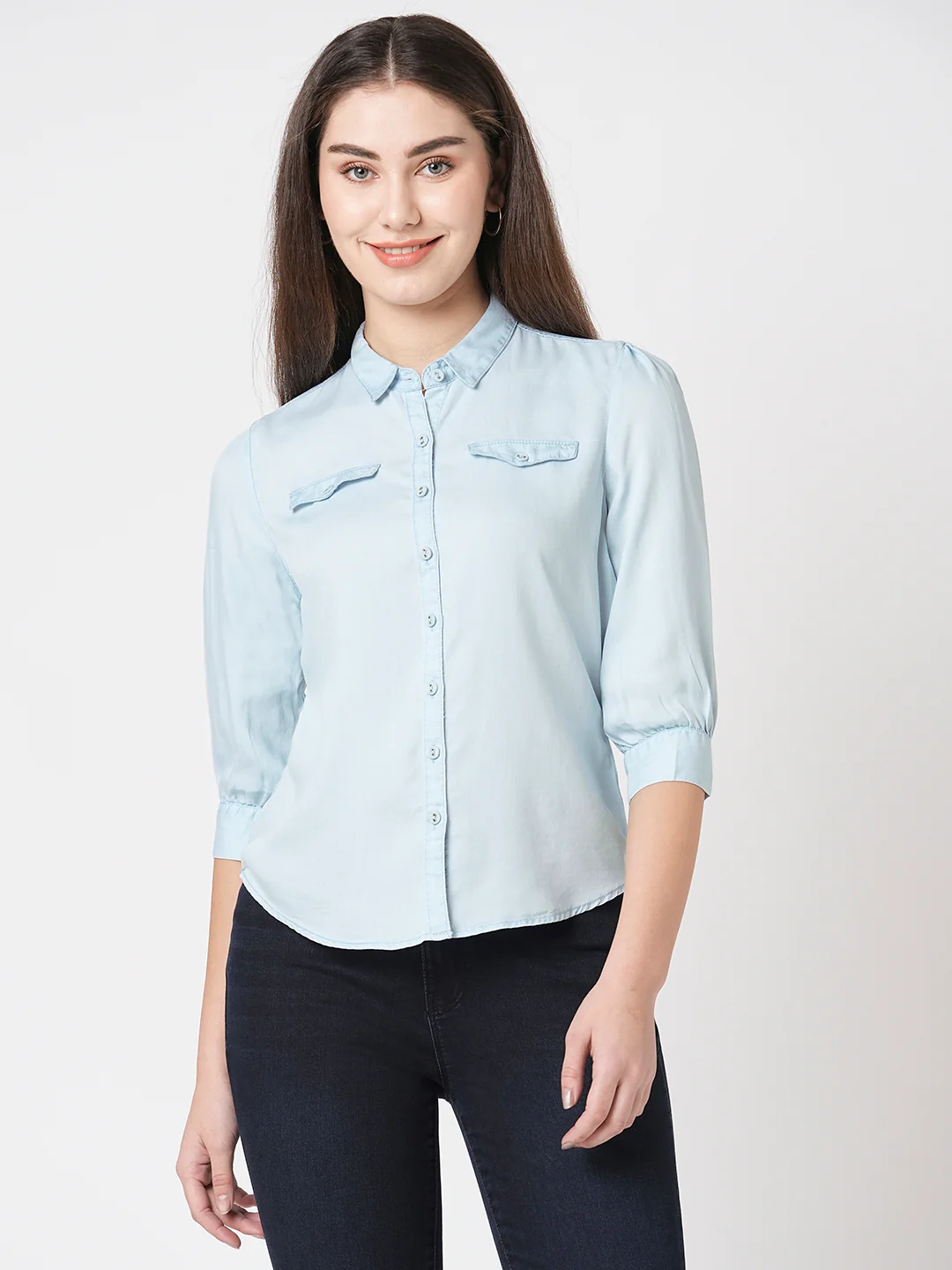 Women Light Blue Denim Shirt - Image 2