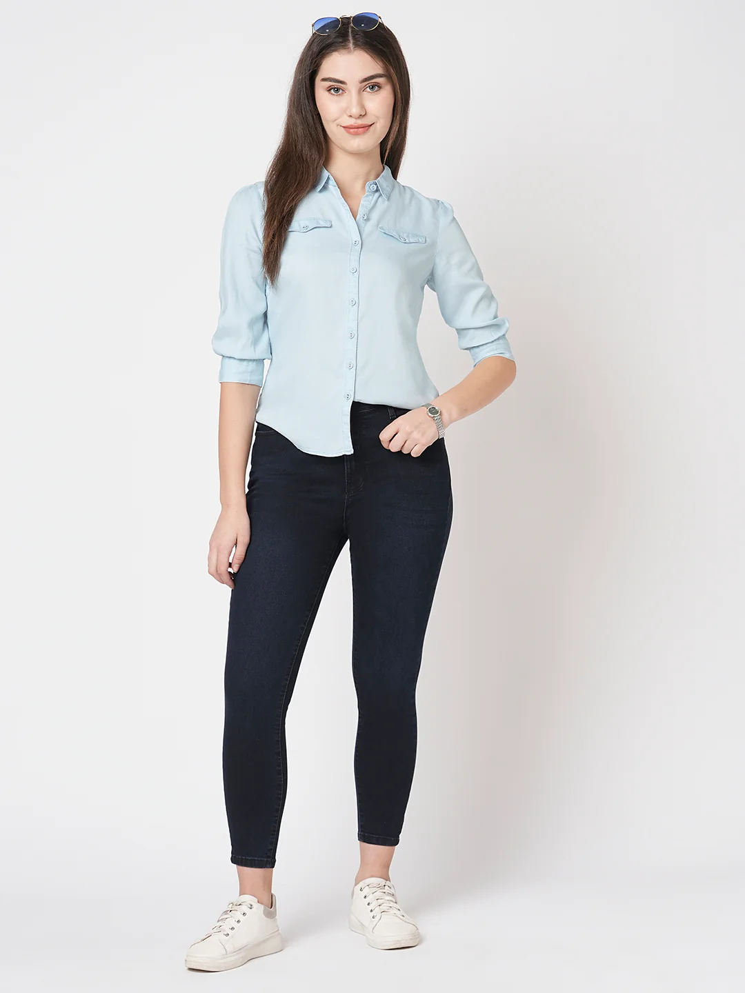 Women Light Blue Denim Shirt - Image 5