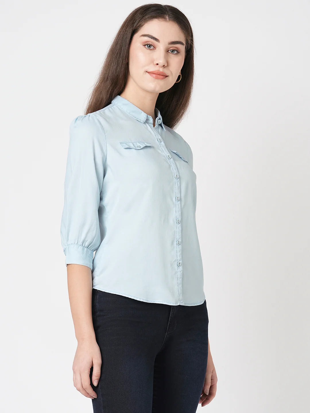 Women Light Blue Denim Shirt - Image 6