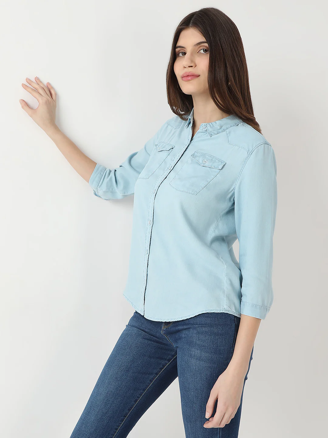 Women Light Blue Denim Shirt - Image 6