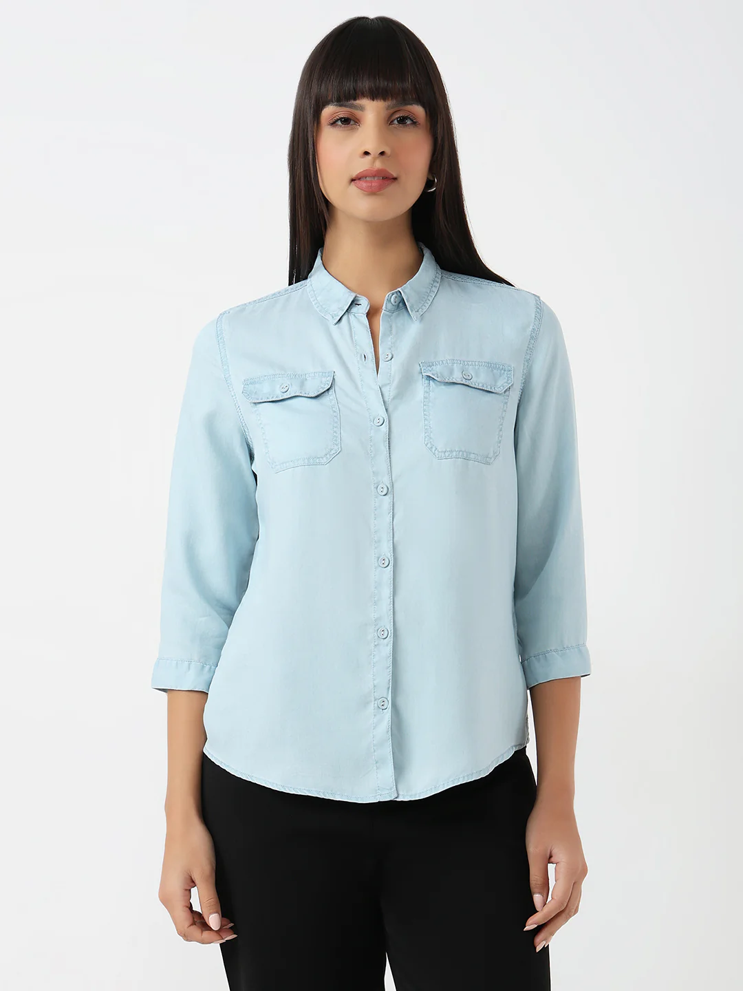 Women Light Blue Denim Shirt - Image 2