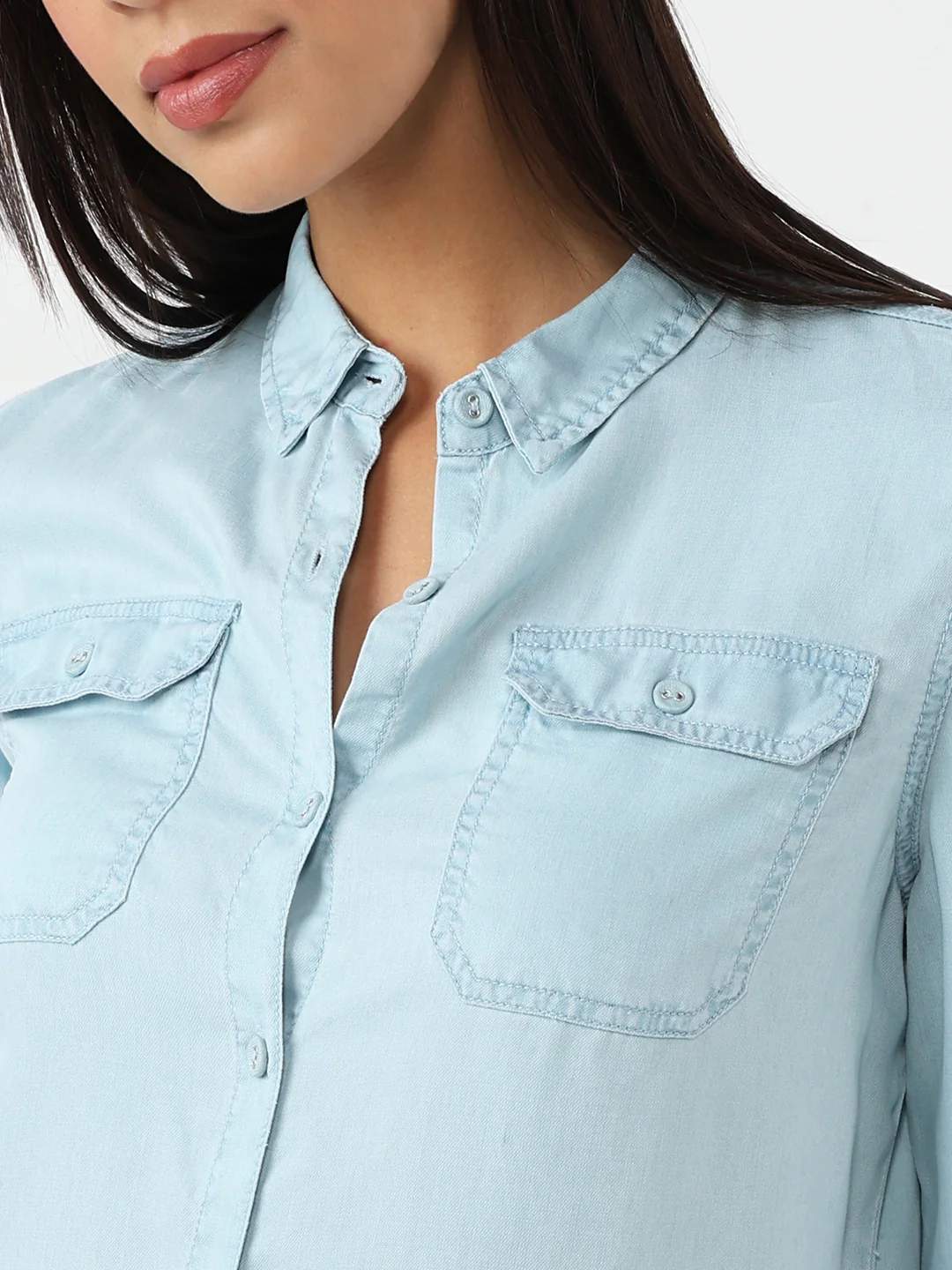 Women Light Blue Denim Shirt - Image 5