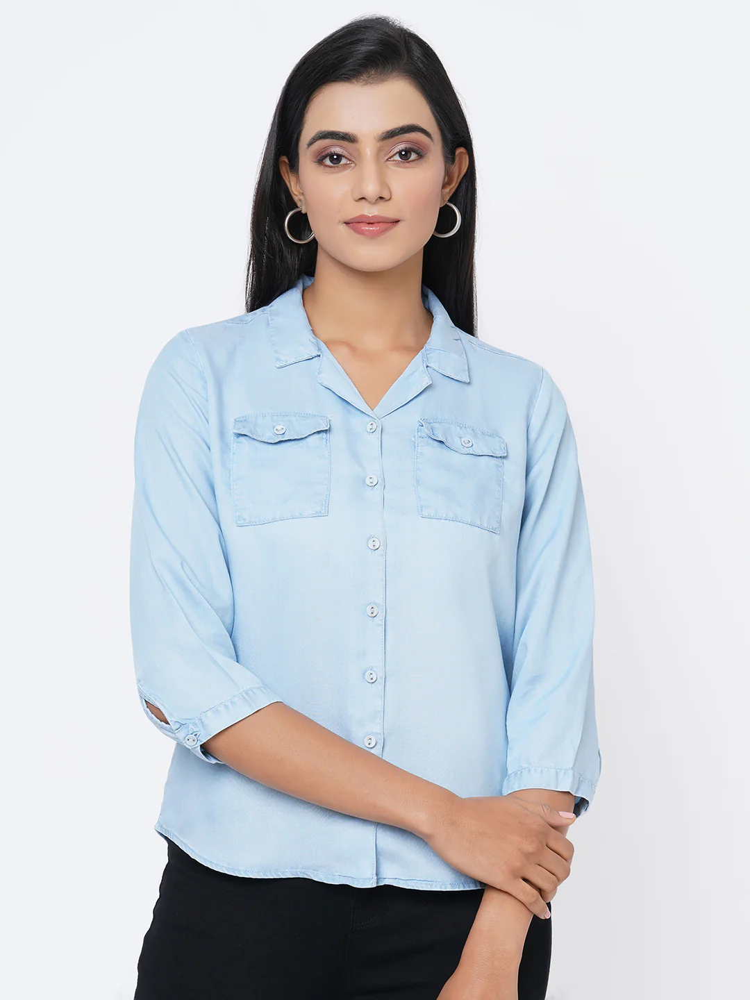Women Light Blue Denim Shirt - Image 2