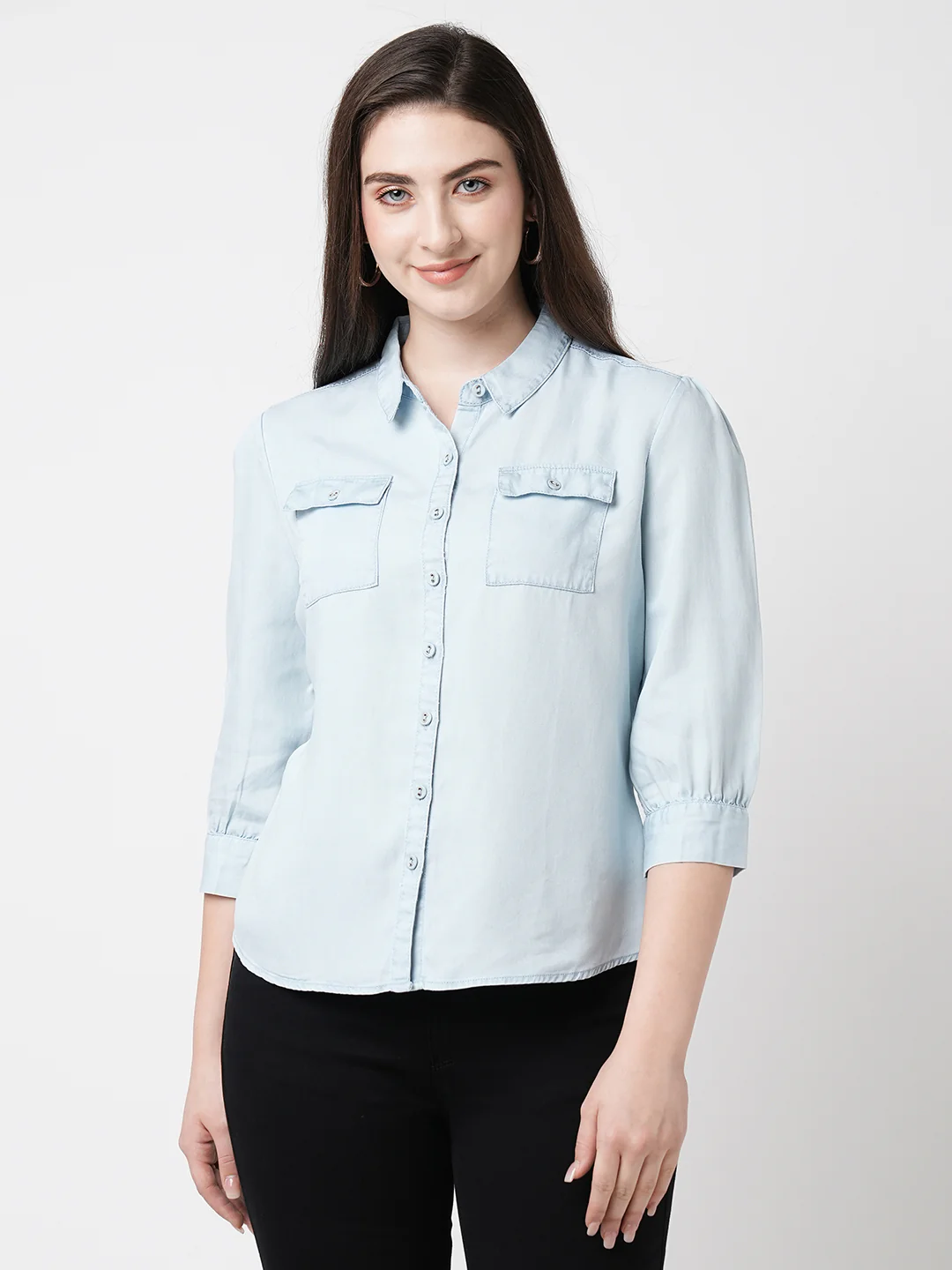 Women Light Blue Denim Shirt - Image 2