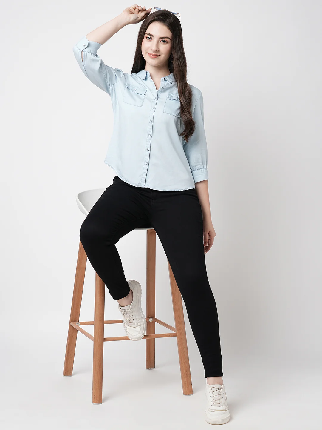 Women Light Blue Denim Shirt - Image 4