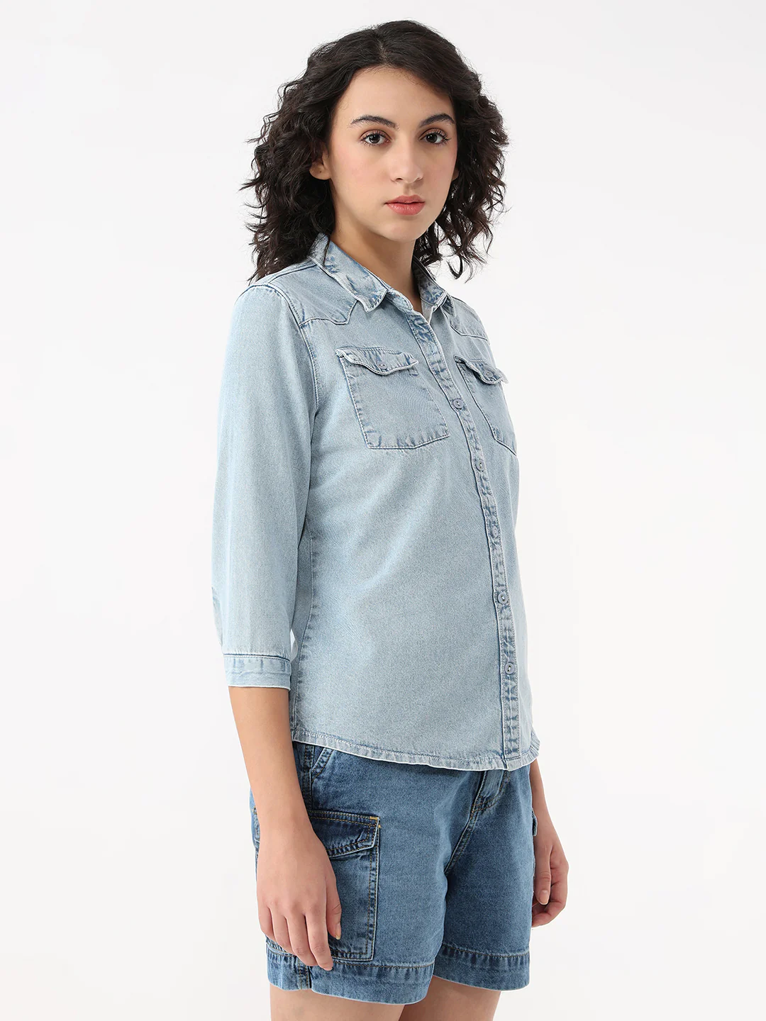 Women Light Blue Denim Shirt - Image 4