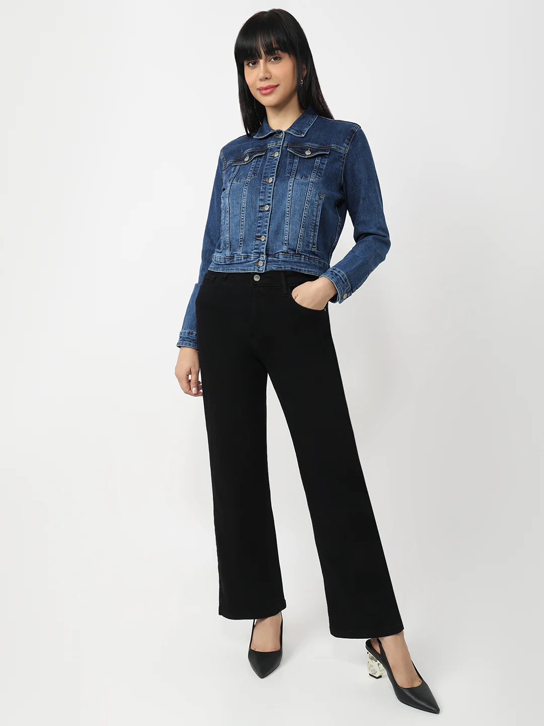 Women Light Blue Denim Slim Fit Jacket
