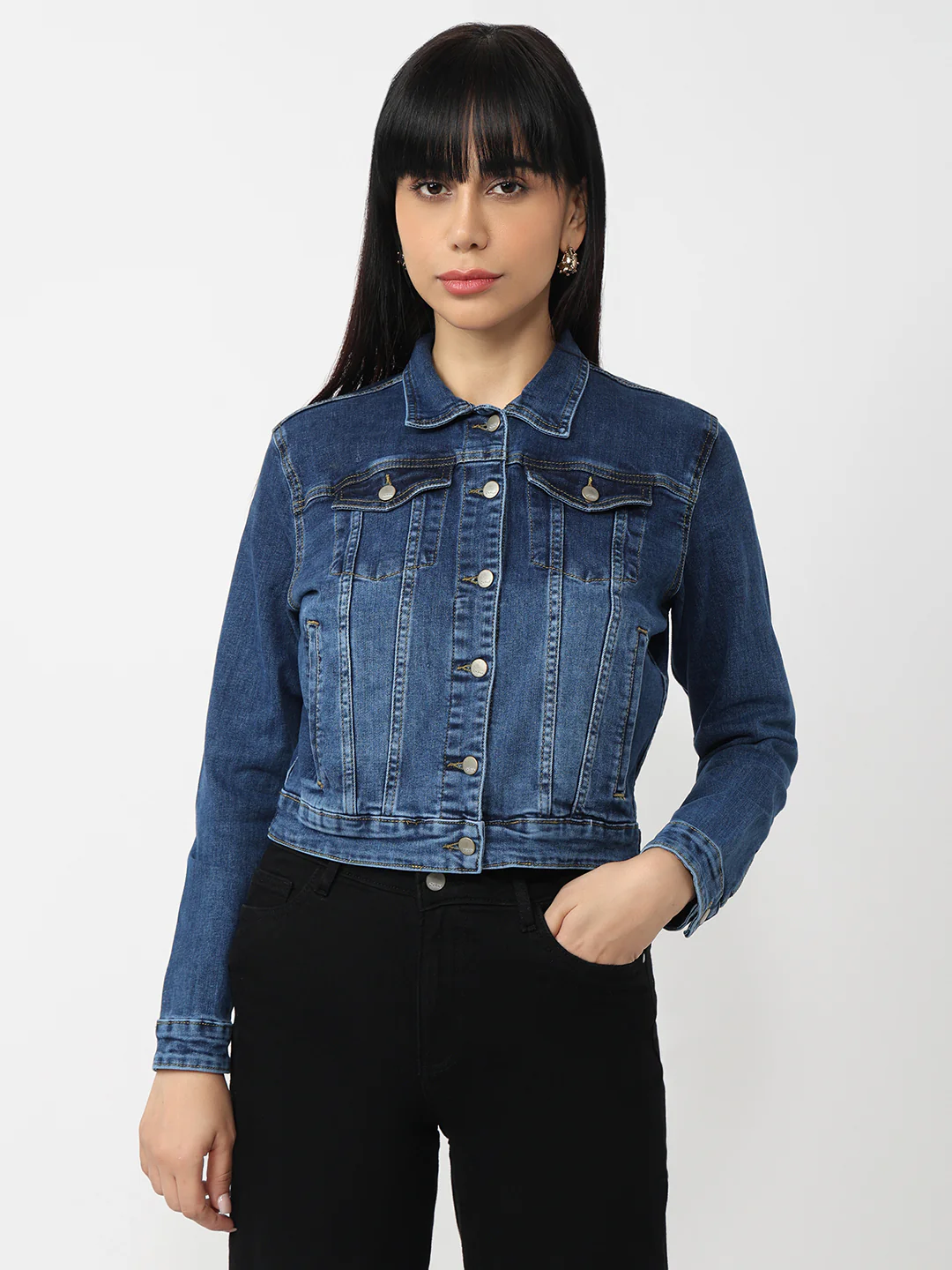 Women Light Blue Denim Slim Fit Jacket - Image 2