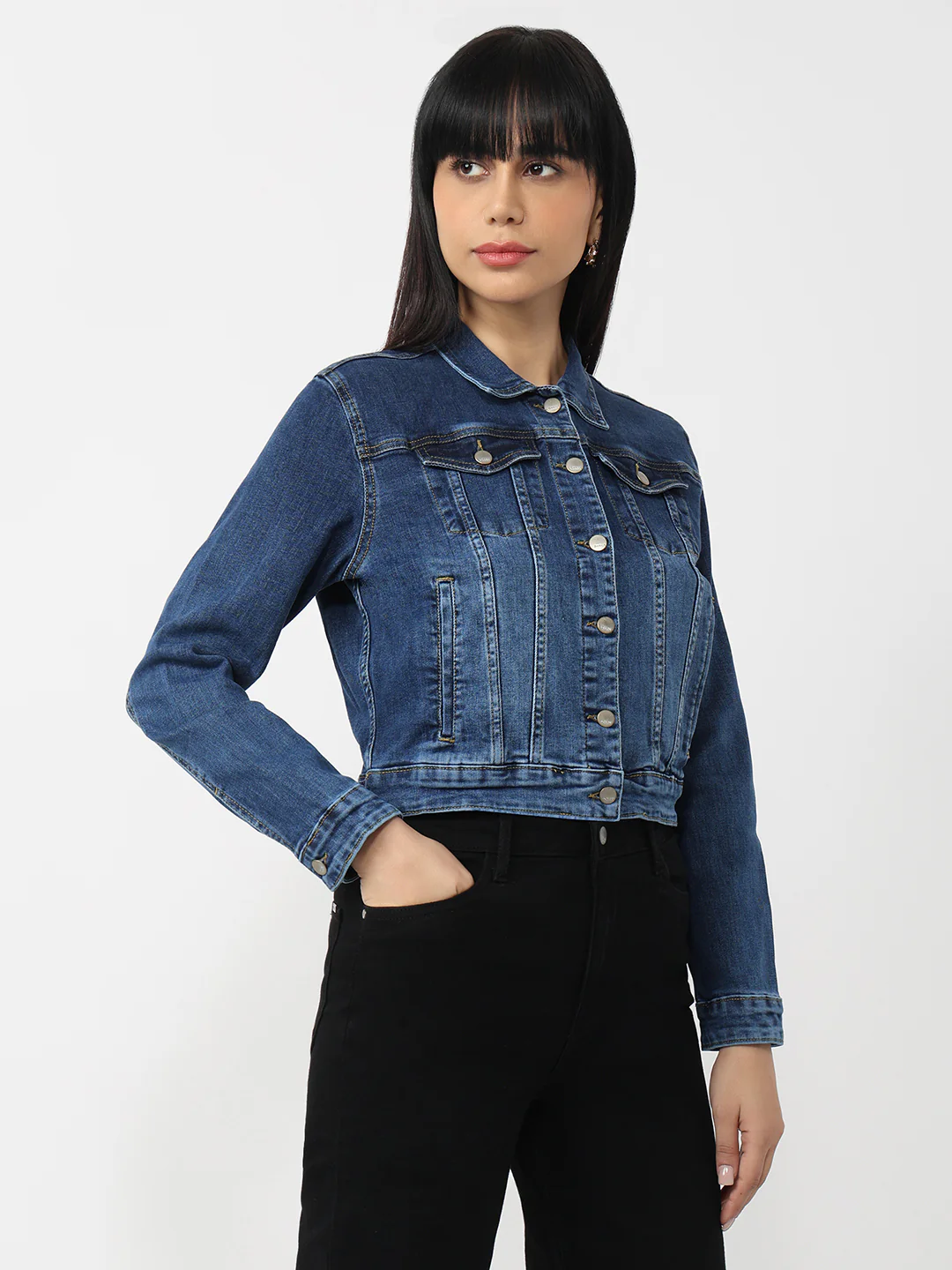 Women Light Blue Denim Slim Fit Jacket - Image 4