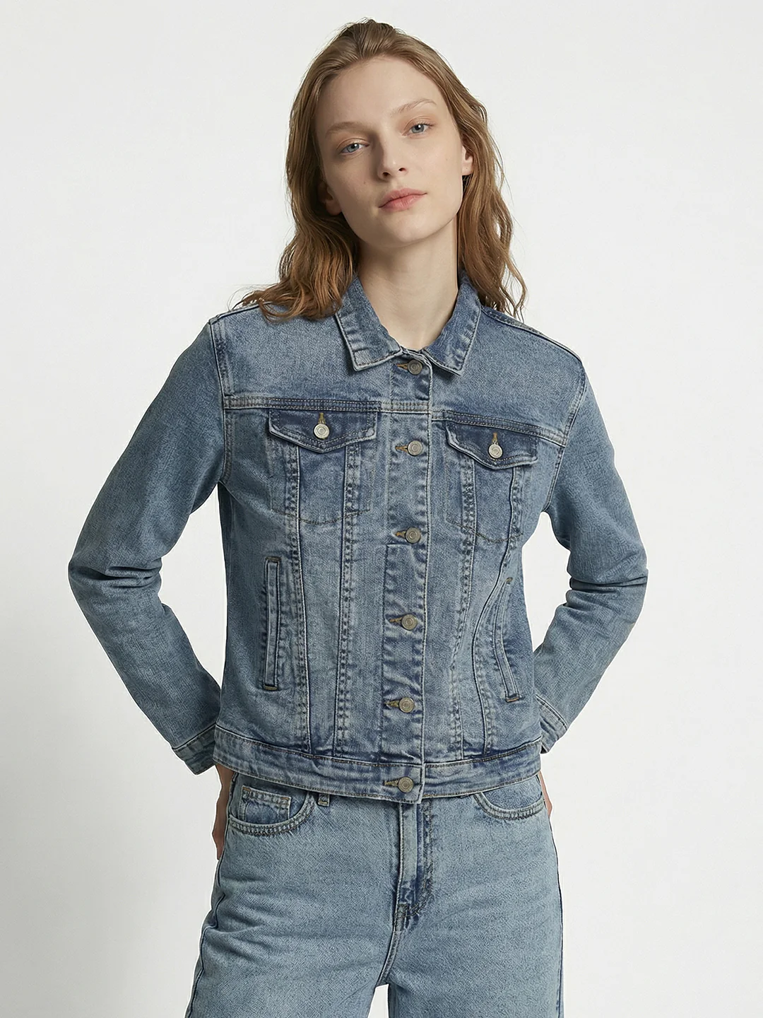 Women Light Blue Denim Slim Fit Jacket - Image 3