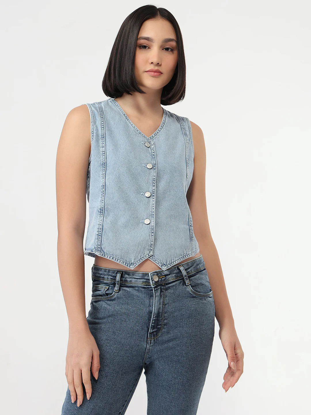 Women Light Blue Denim Vest - Image 2