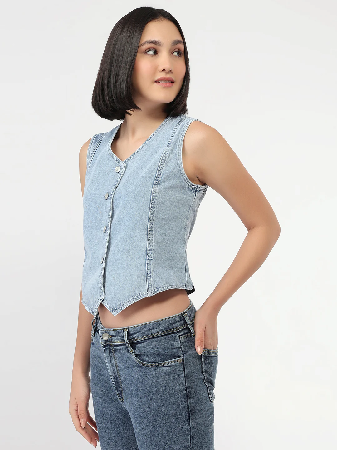 Women Light Blue Denim Vest - Image 4