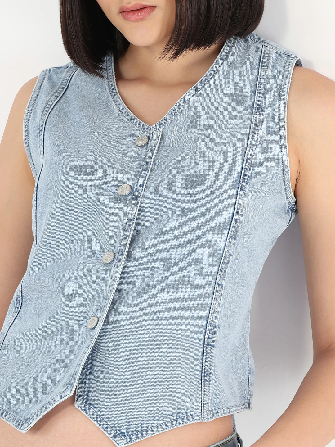 Women Light Blue Denim Vest - Image 5