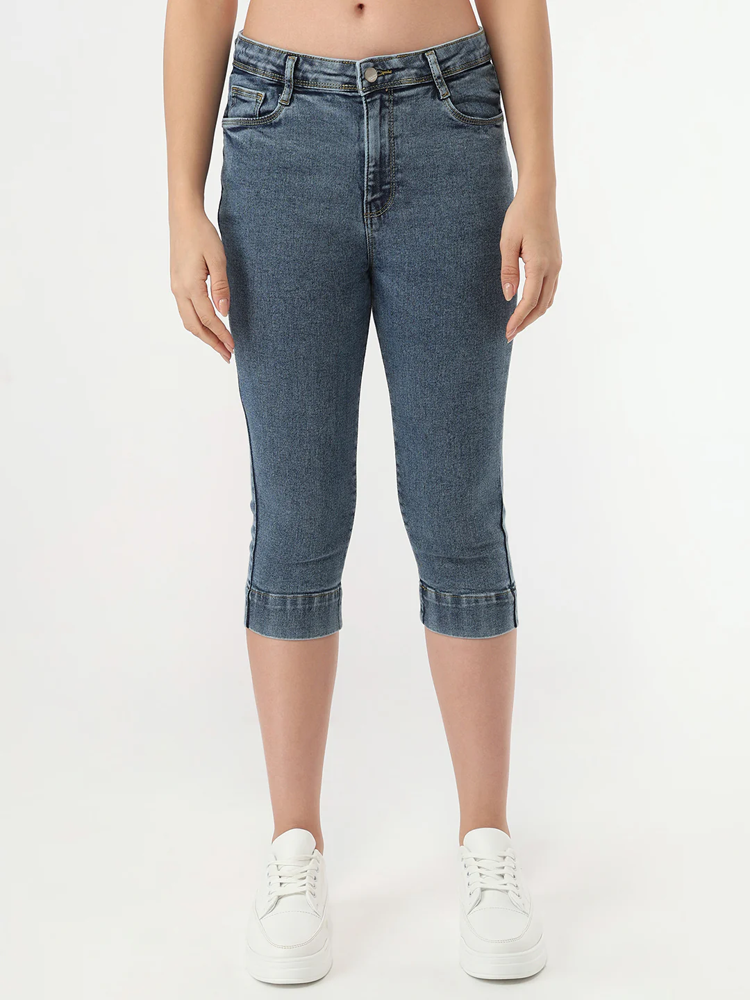 Women Light Blue High-Rise Capri - Image 2