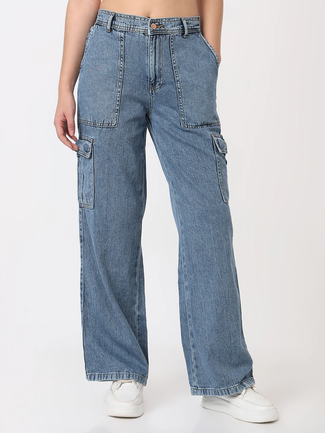 Women Light Blue High-Rise Cargo - Image 2