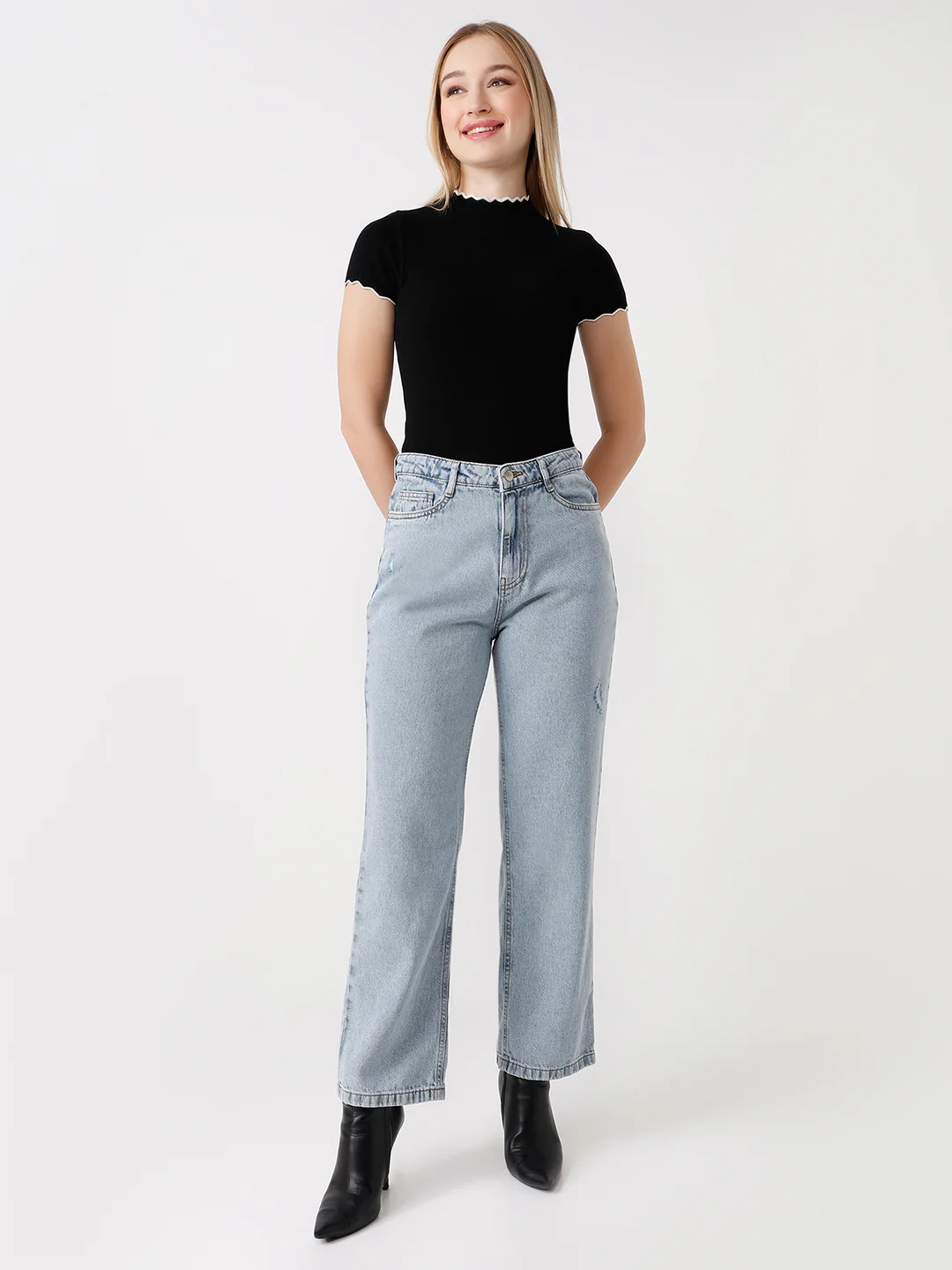 Women Light Blue High-Rise Loose Straight Jeans