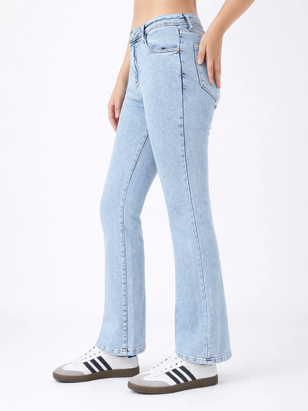 Women Light Blue High-Rise Mini Flare Jeans - Image 7