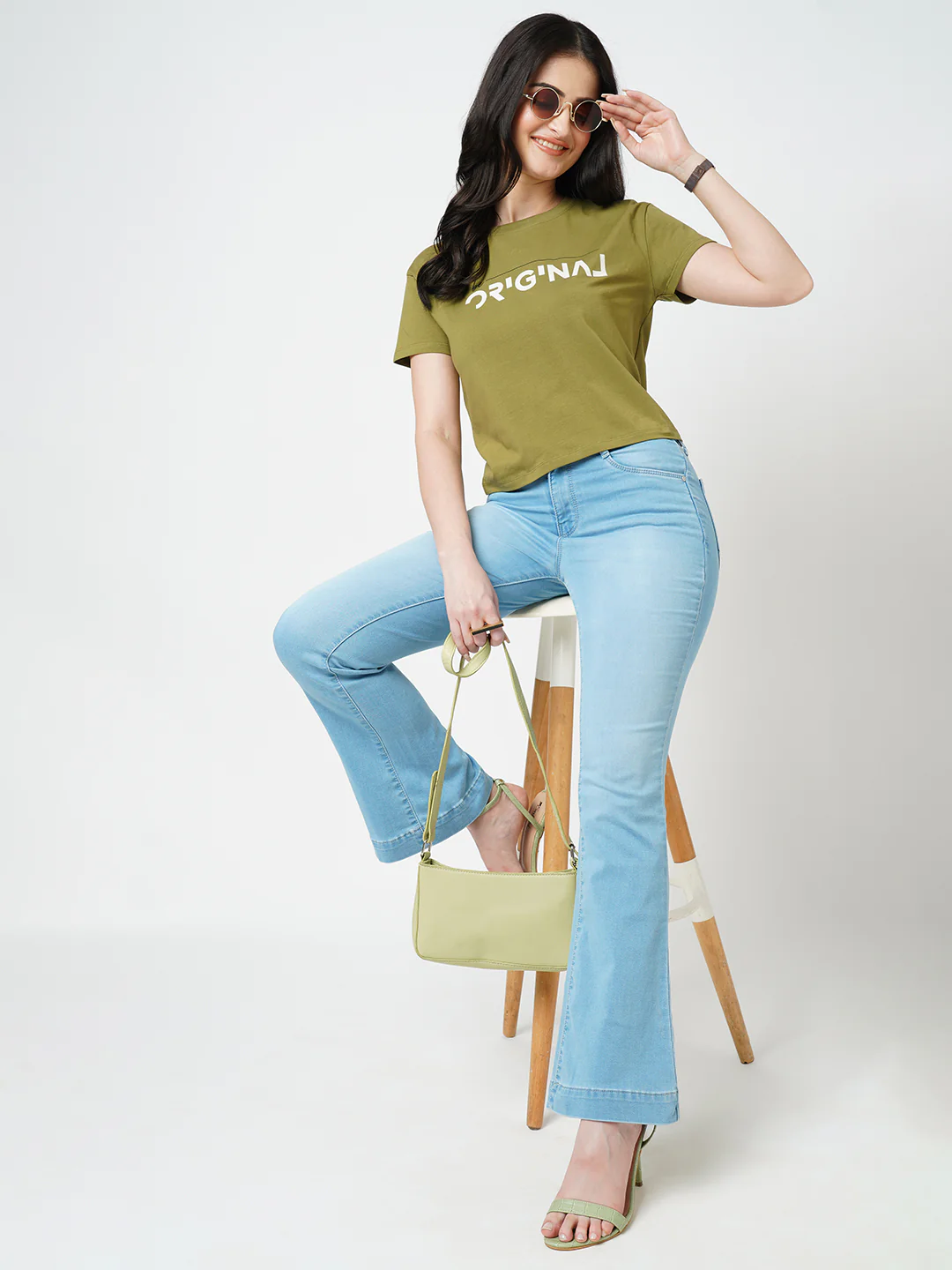Women Light Blue High-Rise Mini Flare Jeans