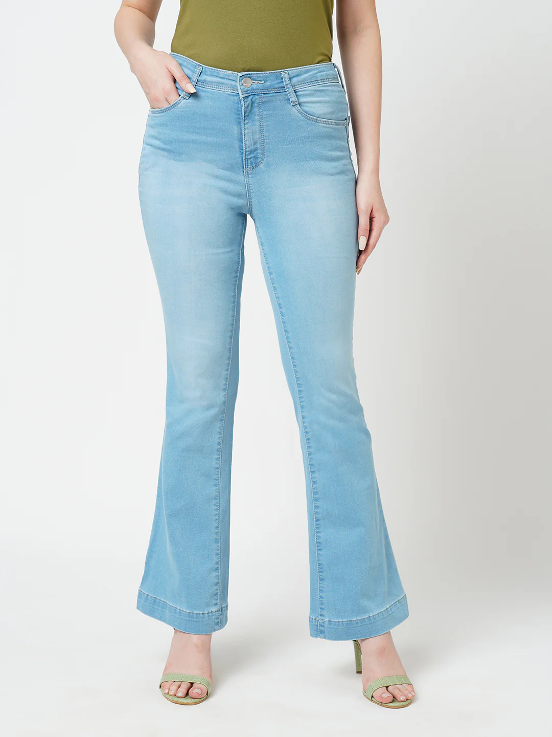 Women Light Blue High-Rise Mini Flare Jeans - Image 2