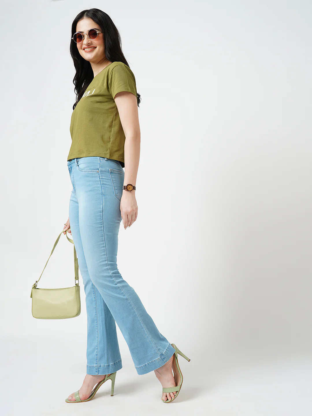 Women Light Blue High-Rise Mini Flare Jeans - Image 4