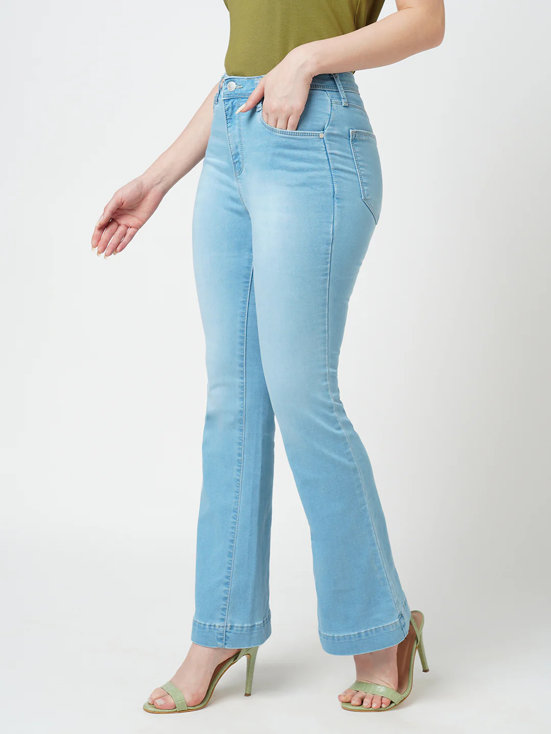 Women Light Blue High-Rise Mini Flare Jeans - Image 6