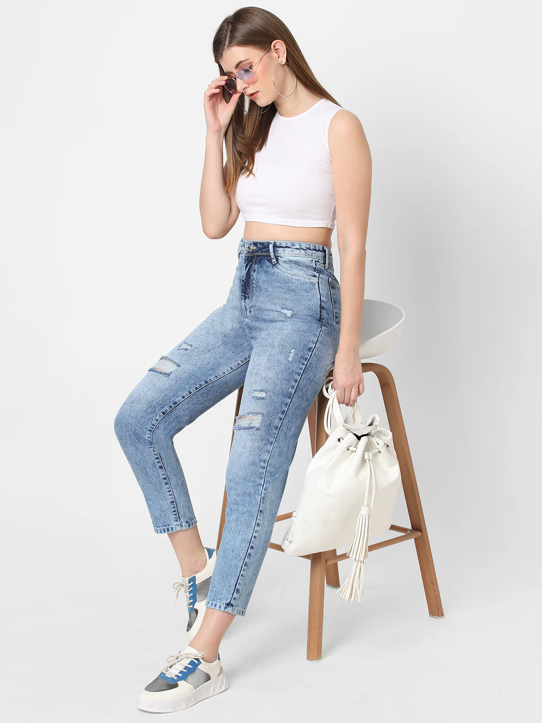 Women Light Blue High-Rise Mom Fit Jeans