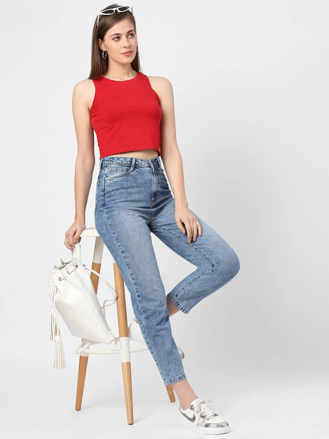 Women Light Blue High-Rise Mom Fit Jeans