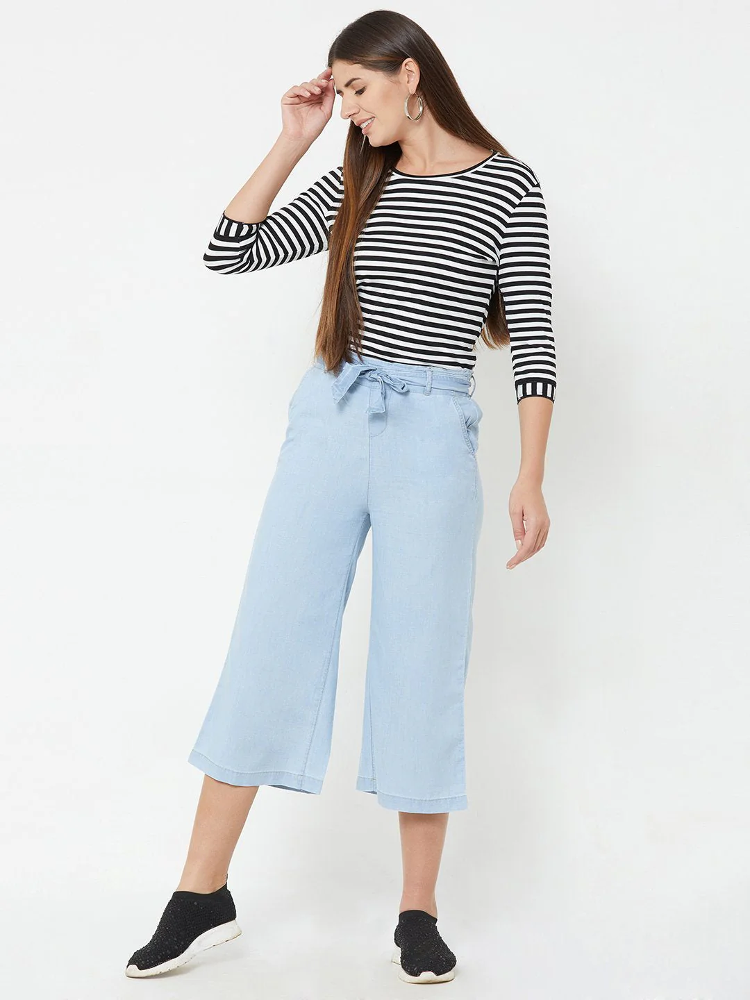 Women Light Blue High-Rise Paper Bag Pants