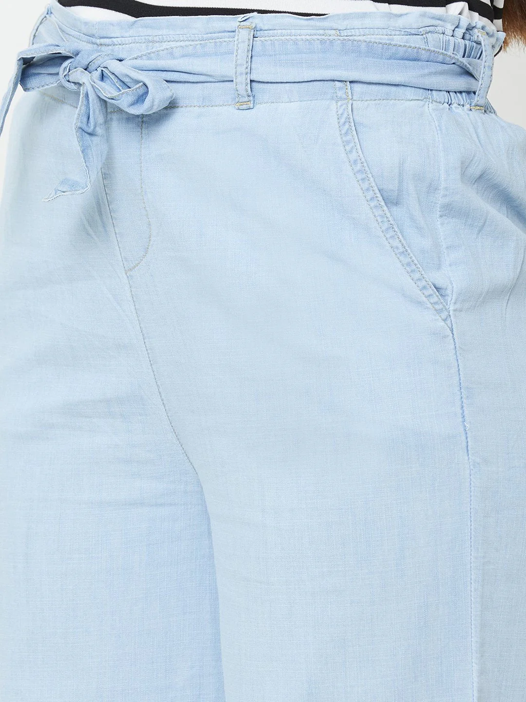 Women Light Blue High-Rise Paper Bag Pants - Image 4