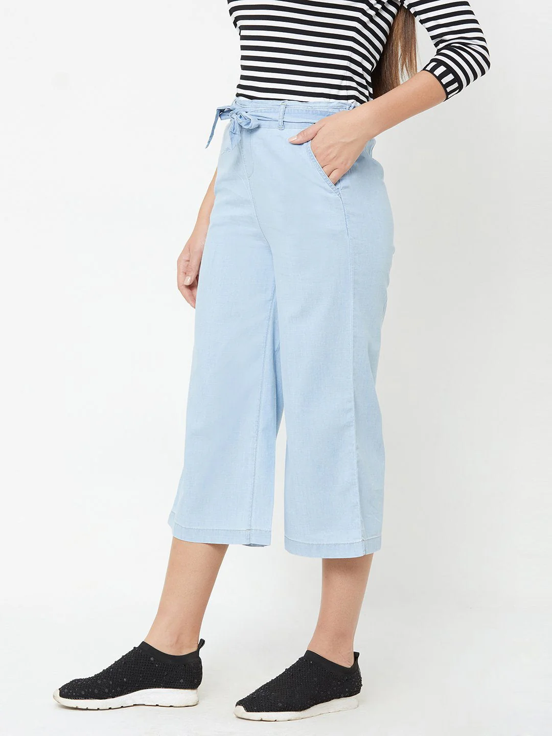 Women Light Blue High-Rise Paper Bag Pants - Image 5