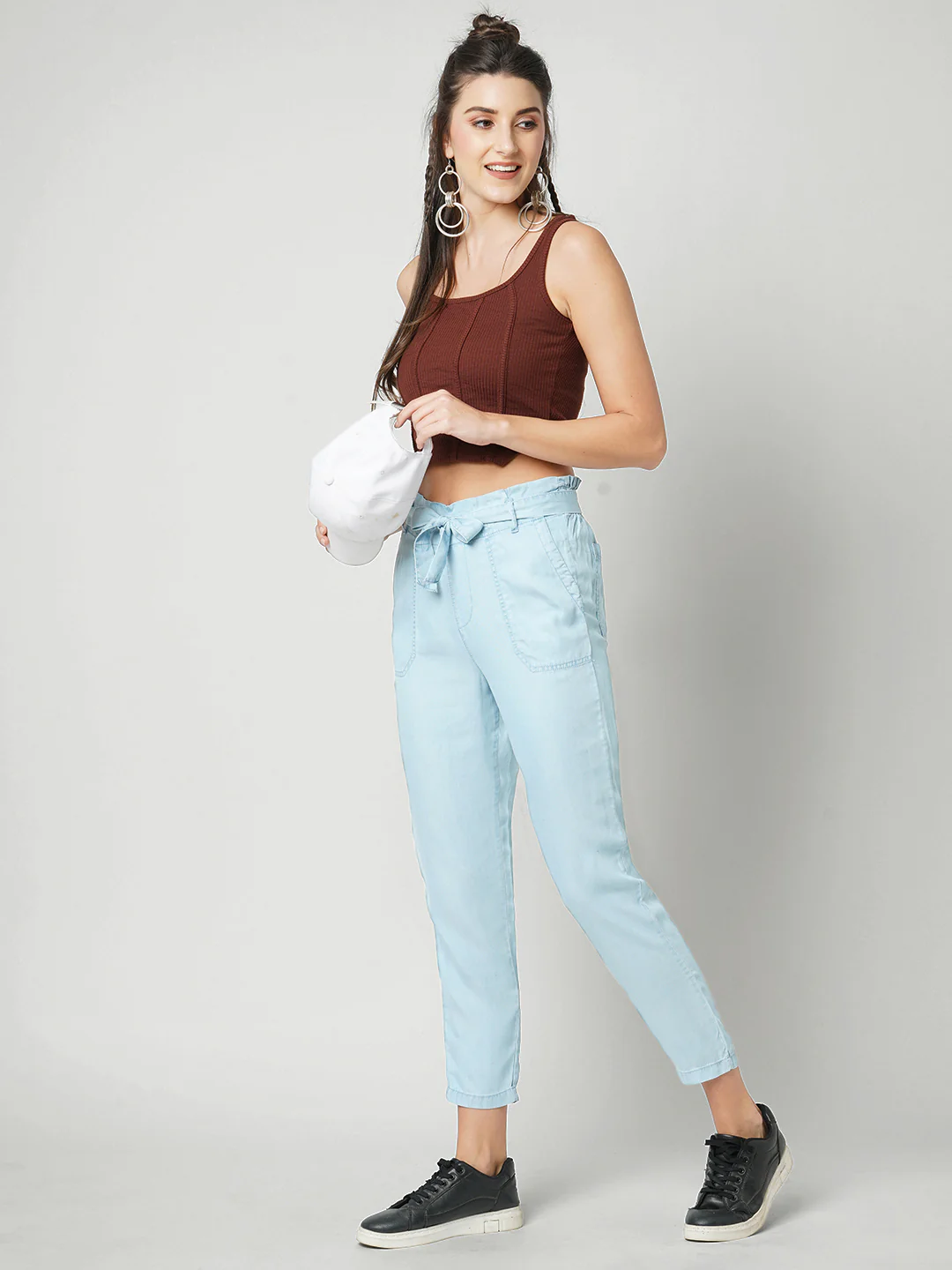 Women Light Blue High-Rise Paper Bag Pants