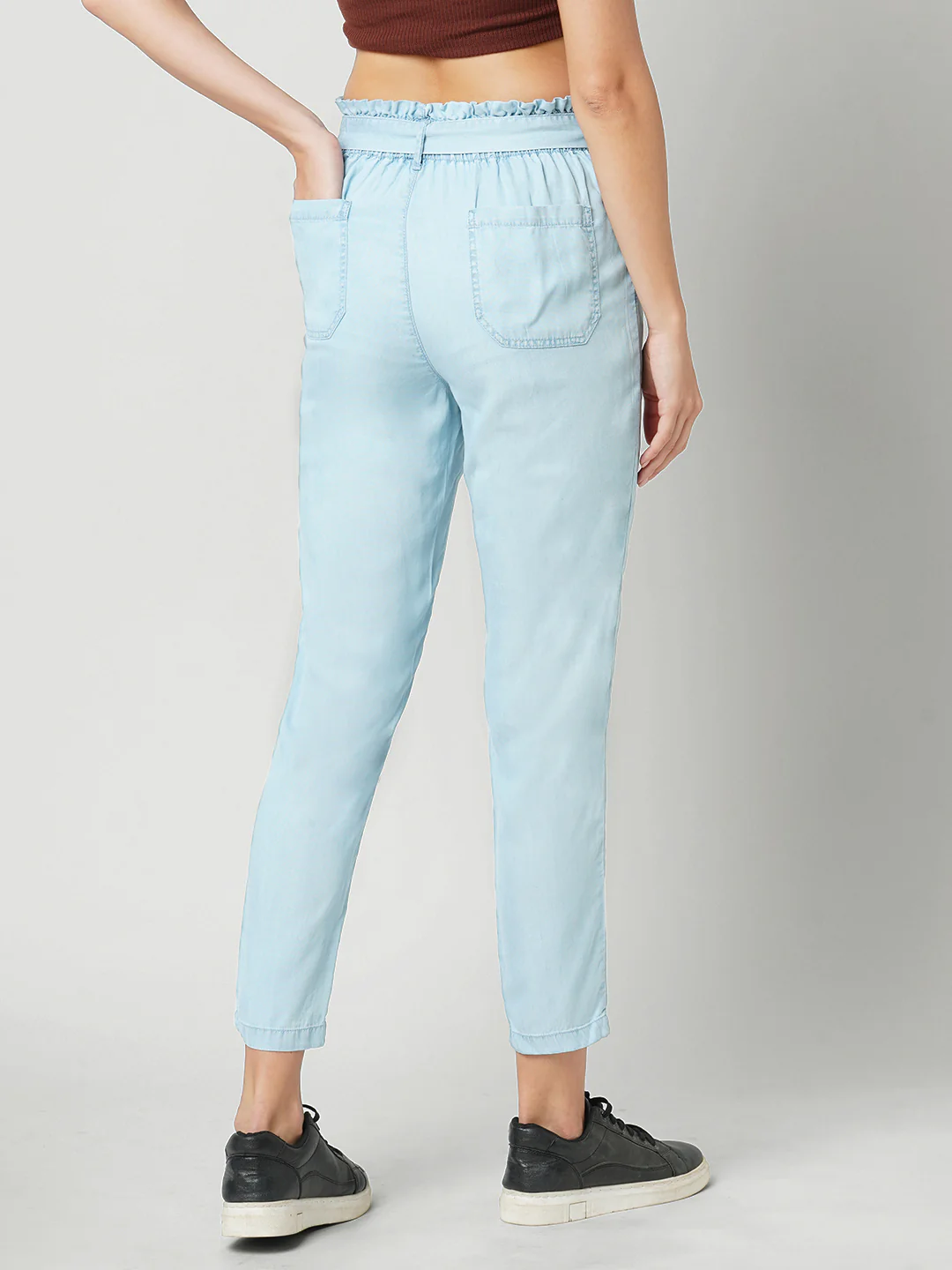 Women Light Blue High-Rise Paper Bag Pants - Image 3