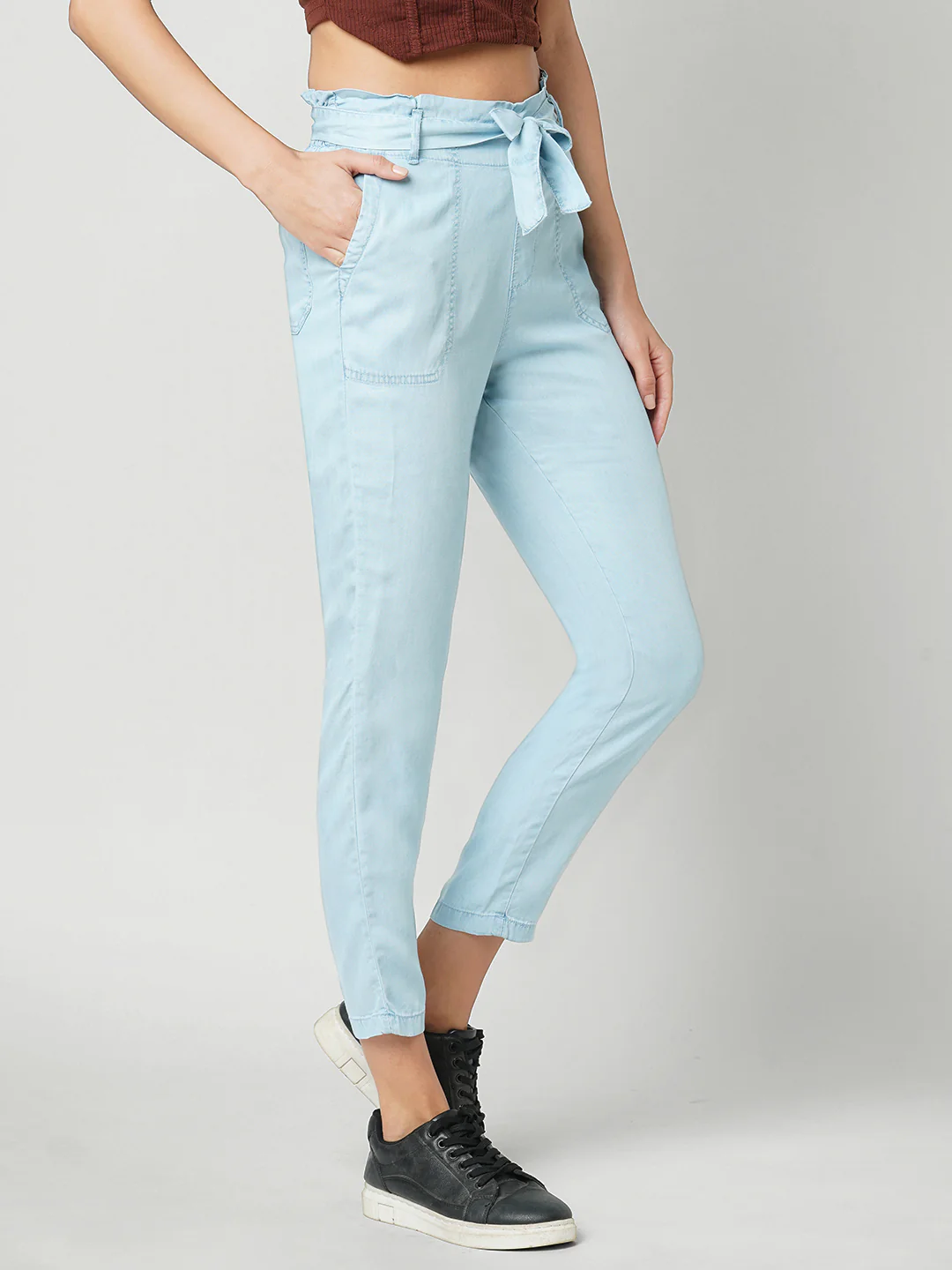 Women Light Blue High-Rise Paper Bag Pants - Image 4