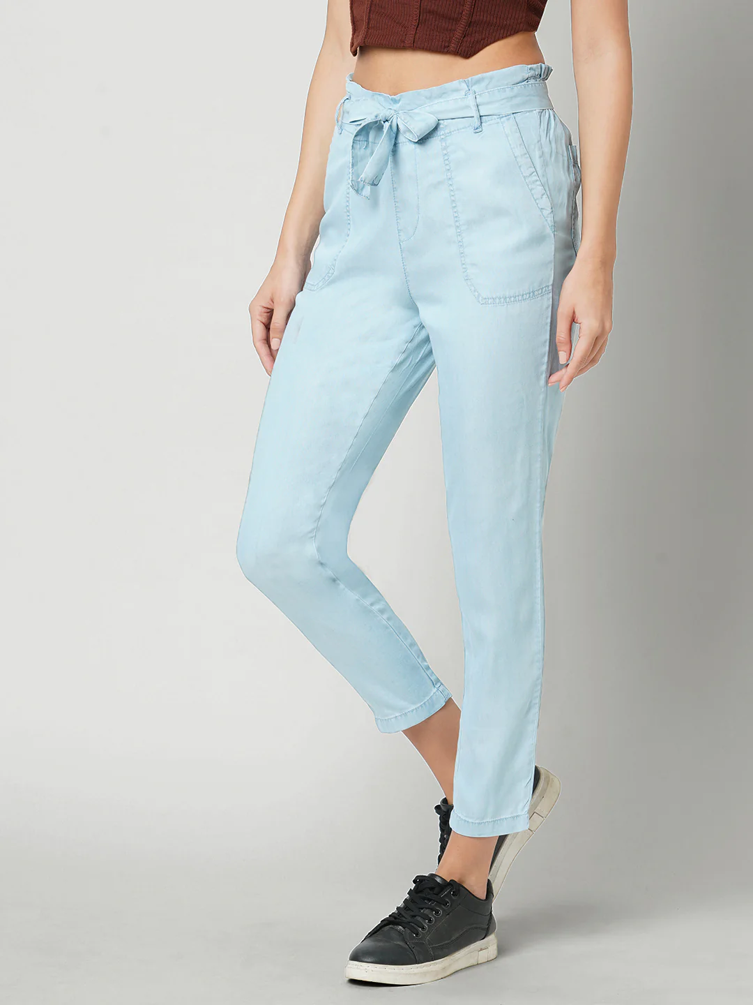 Women Light Blue High-Rise Paper Bag Pants - Image 5