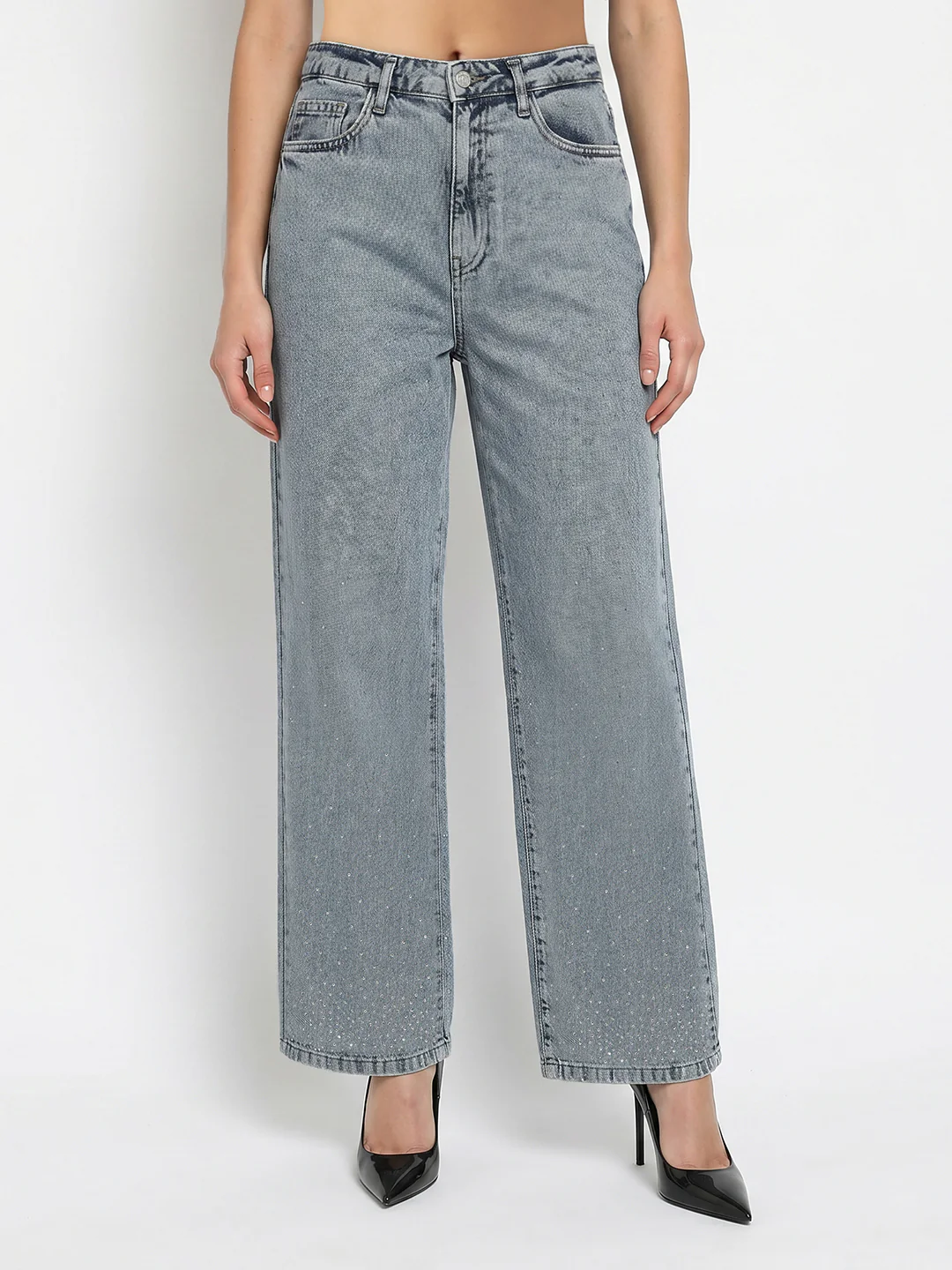Women Light Blue High-Rise Rhinestone Wide Leg Jeans - Image 2
